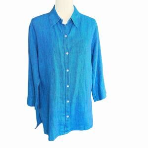 Vtg 90s Chicos Designs Women's 100% Linen Blue Button Up Top Tunic Size 2 Large